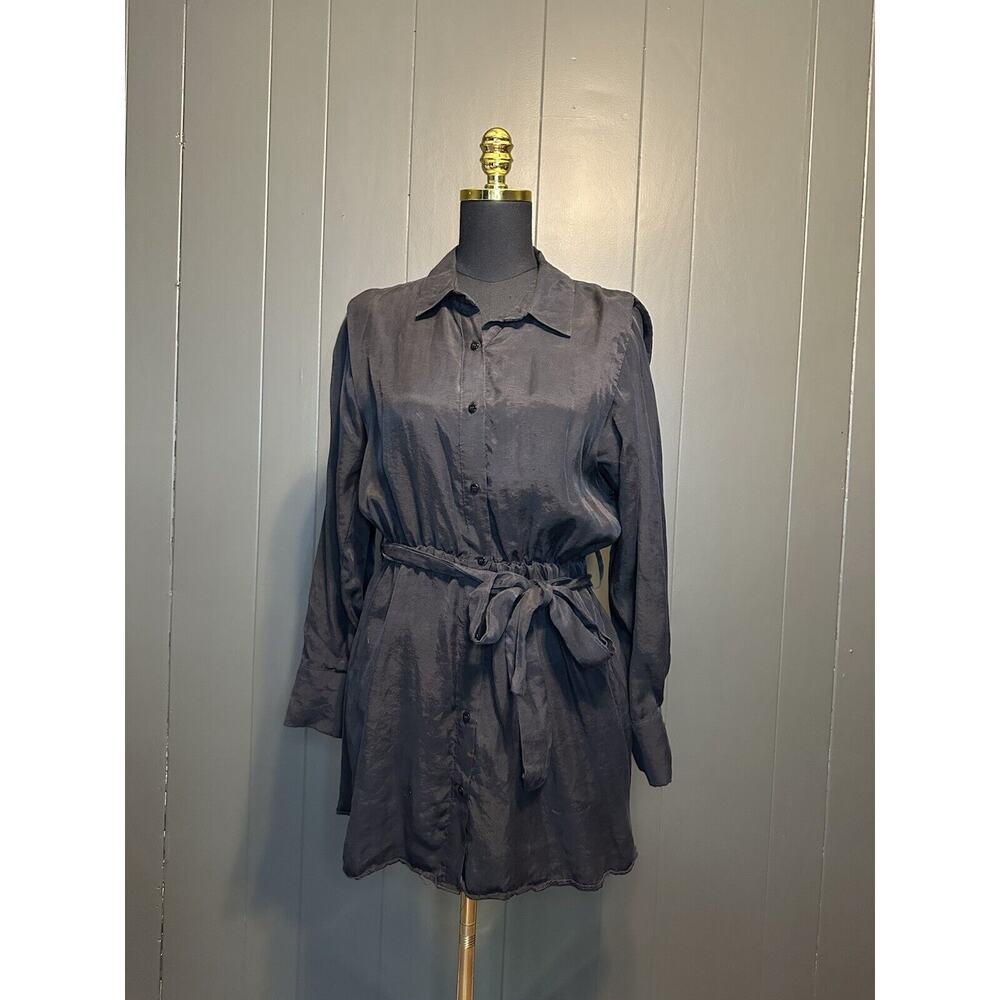 Zara Black Long Sleeve Shirt Dress Mini Short Tie Waist S Small